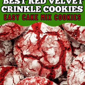 Red velvet cake mix cookies stacked on top of each other.