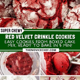 Red velvet cookie dough being prepared, scooped and rolled in powdered sugar and then baked.