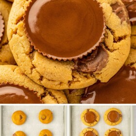 Reeses cookies being baked on a baking sheet and stacked on top of each other.