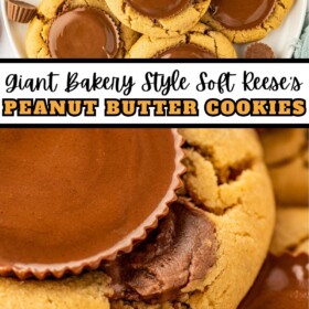 Reeses peanut butter cookies with a full size peanut butter cup on top stacked on a plate.