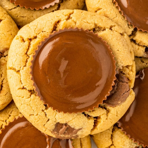 Gooey Reese's Peanut Butter Cups baked into peanut butter cookies.