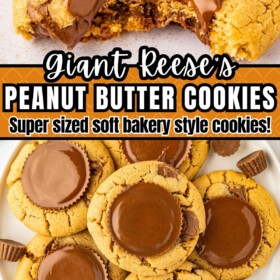 Reese's peanut butter cookies stacked on top of each other on a plate.