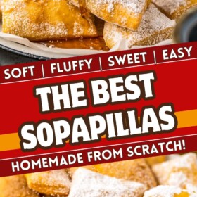 Sopapillas stacked on a plate coated with powdered sugar and being drizzled with honey.