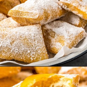 Fried sopapillas coated in powdered sugar and drizzled with honey.