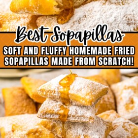Fried sopapillas stacked on top of each other topped with powdered sugar and being drizzled with honey with a bite taken out of one sopapilla.