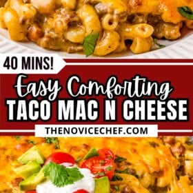 Taco Mac on a plate and in a skillet with a serving spoon.