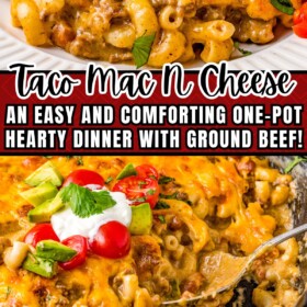 Taco Mac and cheese in a skillet and a spoon scooping out a serving on to a plate.