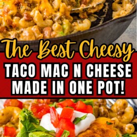 Easy taco Mac and cheese in a skillet and on a plate with garnishes on top.
