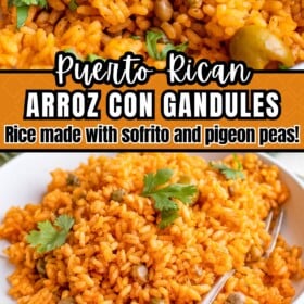 A bowl of arroz con gandules with a spoon.