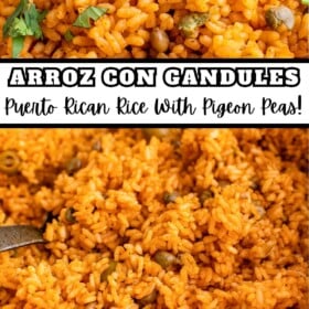 Arroz con gandules in a pot and in a bowl with fresh herbs on top.