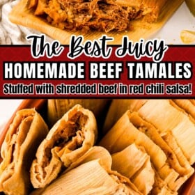 Beef tamales in a bowl and a homemade tamale on a plate with a fork taking a bite.