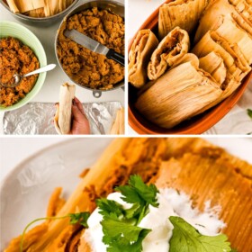 Homemade tamales being assembled, beef tamales in a bowl and a tamale unwrapped on a plate.