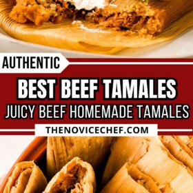 Beef tamales in a bowl and an unwrapped beef tamale on a plate topped with sour cream and cilantro.