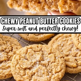 A chewy peanut butter cookie broken in half and cookies cooling on a cookie rack.