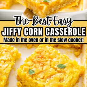 Corn pudding casserole on a spatula and cut into squares in a baking dish.