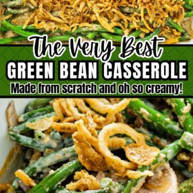 Overhead image of a green bean casserole made with fresh green beans in a baking dish and a wooden spoon scooping out a serving.
