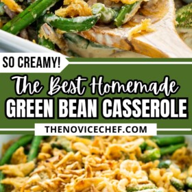 A wooden spoon scooping out a serving of the best green bean casserole out of a baking dish.