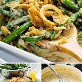 Homemade cream of mushroom soup in a skillet, green beans being tossed in the creamy sauce and then baked into a green bean casserole with crispy fried onions on top in a casserole dish.