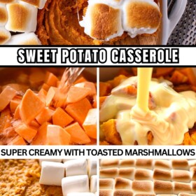 Sweet potatoes with water being poured on top, in a bowl with sweetened condensed milk and seasonings, mashed in a casserole dish with marshmallows being placed on top and after baking with toasted marshmallows on top.
