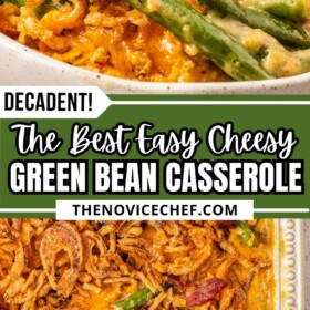 A bowl of green bean casserole with crispy fried onions on top and a casserole dish filled with cheesy green bean casserole with bacon on top.