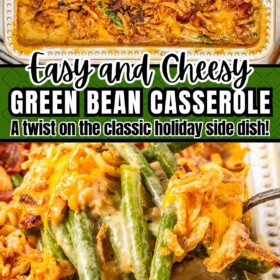 An overhead image of a green bean casserole with cheese and a spoon scooping out a serving of the casserole.