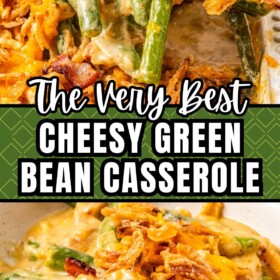 Green bean casserole with cheese in a casserole dish with a spoon scooping out a serving and a single serving in a bowl.