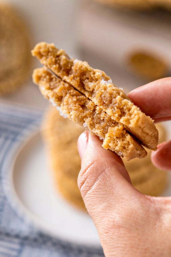 A chewy peanut butter cookie broken in half to show the inside and being held by two fingers.