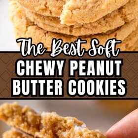 Chewy peanut butter cookies stacked on top of each other and a peanut butter cookie broken in half to show the inside.