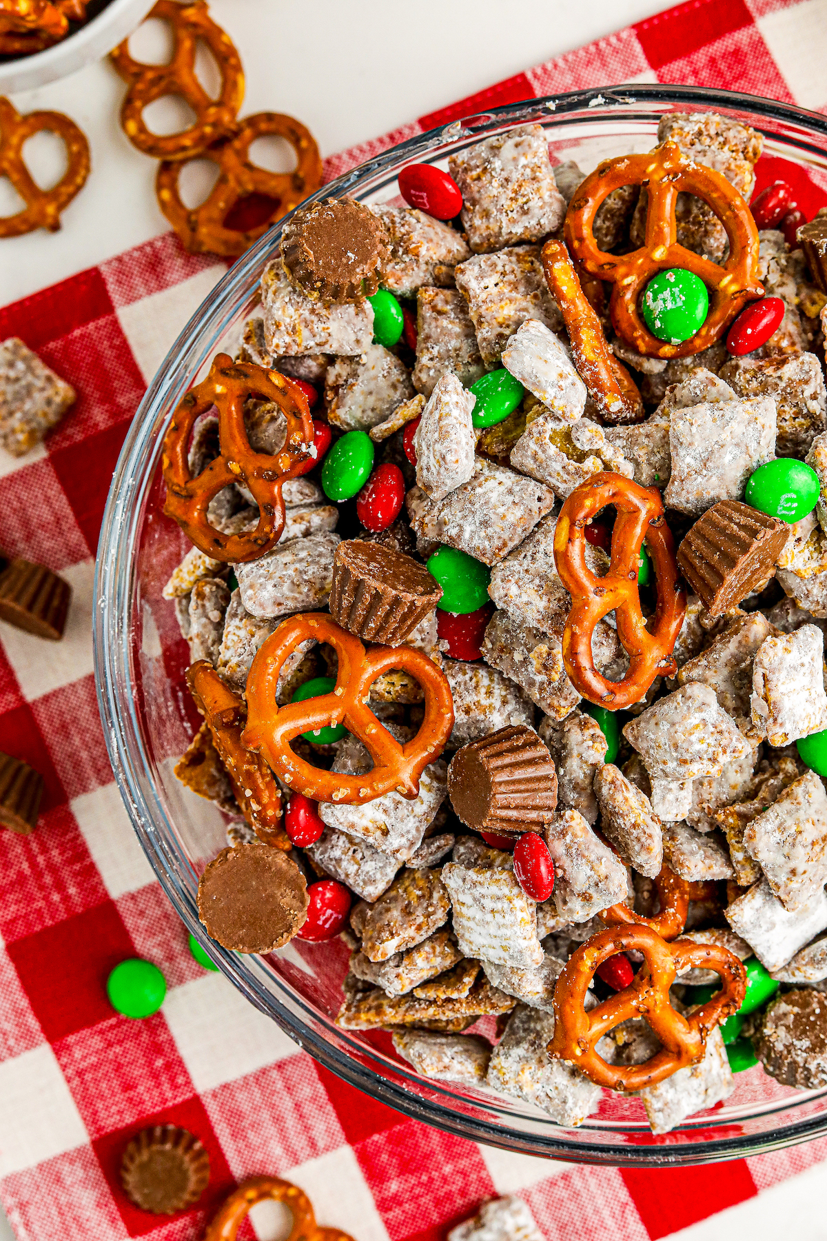 Bowl of Christmas puppy chow. 
