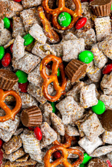 Close-up of pretzels, Reese's, and M&M's in Christmas puppy chow.