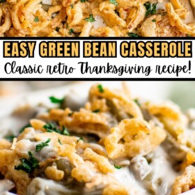 Classic green bean casserole with French fried onions on top and a serving in a bowl.