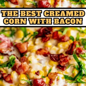 Easy creamed corn in a bowl with bacon and parsley on top.