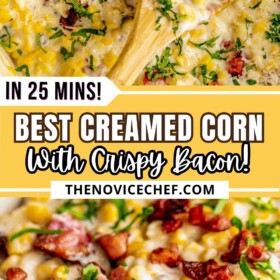 Creamed corn with bacon in a pot with a wooden spoon.