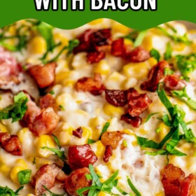A bowl of cream corn with fresh parsley and crispy bacon on top.