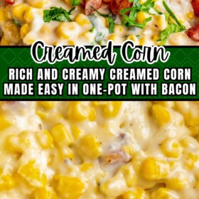 Cream corn in a white sauce and served in a bowl with bacon on top.
