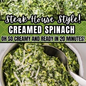 Creamed spinach in a skillet and in a bowl with a spoon and freshly grated parmesan on top.