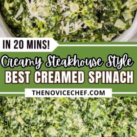 Creamed spinach in a bowl with a spoon.