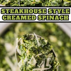 A bowl of the best creamed spinach with a spoon scooping out a bite.