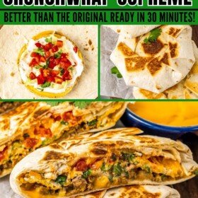 Crunchwrap on a cutting board and sliced in half to show the inside.