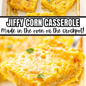 Corn casserole in a baking dish and being lifted out of the casserole with a spatula.