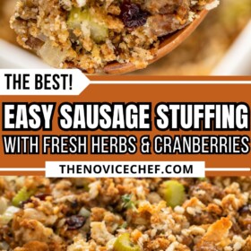 A spoonful of sausage stuffing with fresh herbs and dried cranberries.
