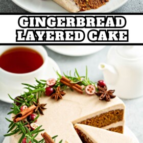 Gingerbread cake with rosemary, fresh cranberries, cinnamon sticks and star anise as garnish sliced into pieces and a slice served on a white plate with a fork.