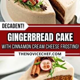 Gingerbread layered cake with cinnamon cream cheese frosting sliced into pieces with a cake slice on a plate with a fork.