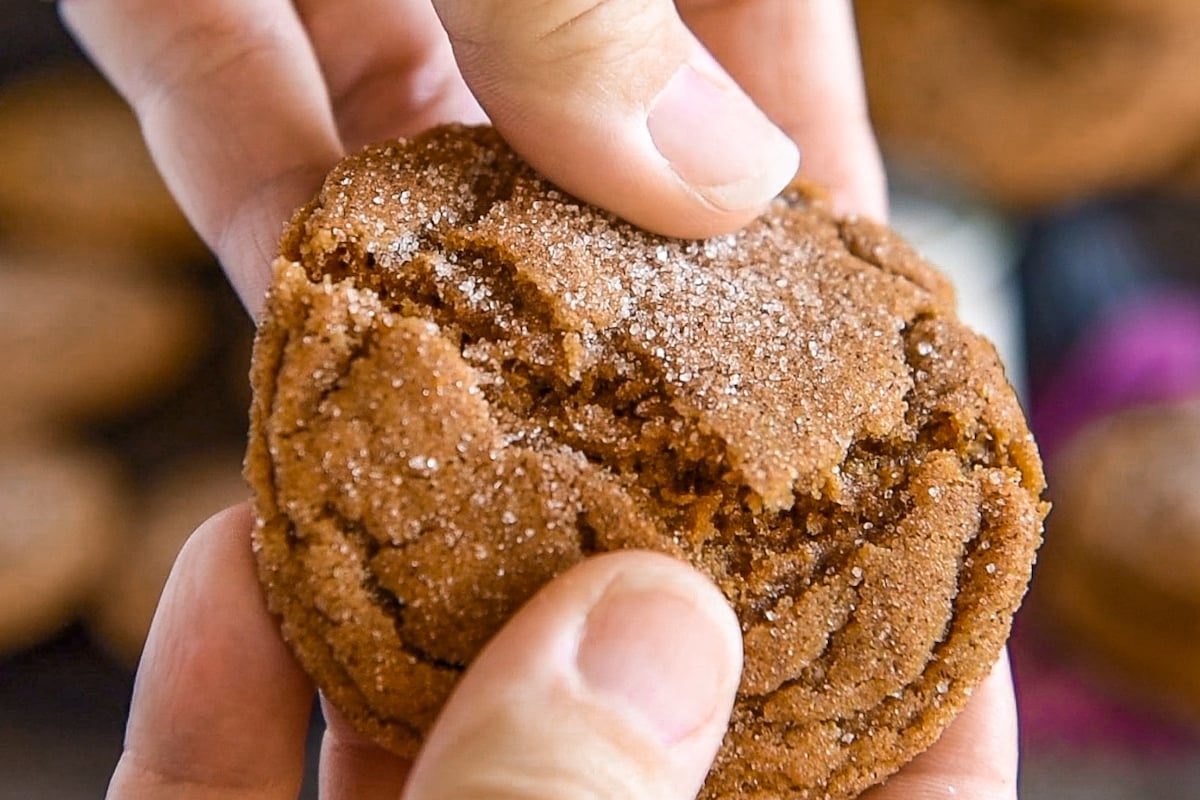 A gingerdoodle cookie being broken in half to show how soft they are.