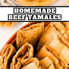 Wrapped tamales in a bowl and a beef tamale on a plate with a bite taken out to show the shredded beef filling.