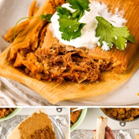 Homemade tamales being assembled, cooked and served on a plate.