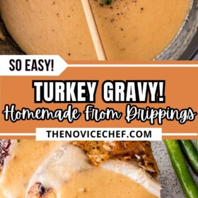 Turkey gravy in a skillet and drizzled over sliced turkey.