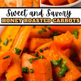 Honey roasted carrots on a sheet pan with a wooden spoon, on a plate with a fork taking a bite, and in a bowl with fresh parsley on top.
