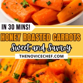 Honey roasted carrots in a bowl and a serving on a plate with a fork taking a bite.