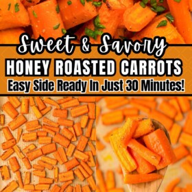 Roasted carrots with honey on a baking sheet, on a wooden spoon and in a bowl topped with parsley.